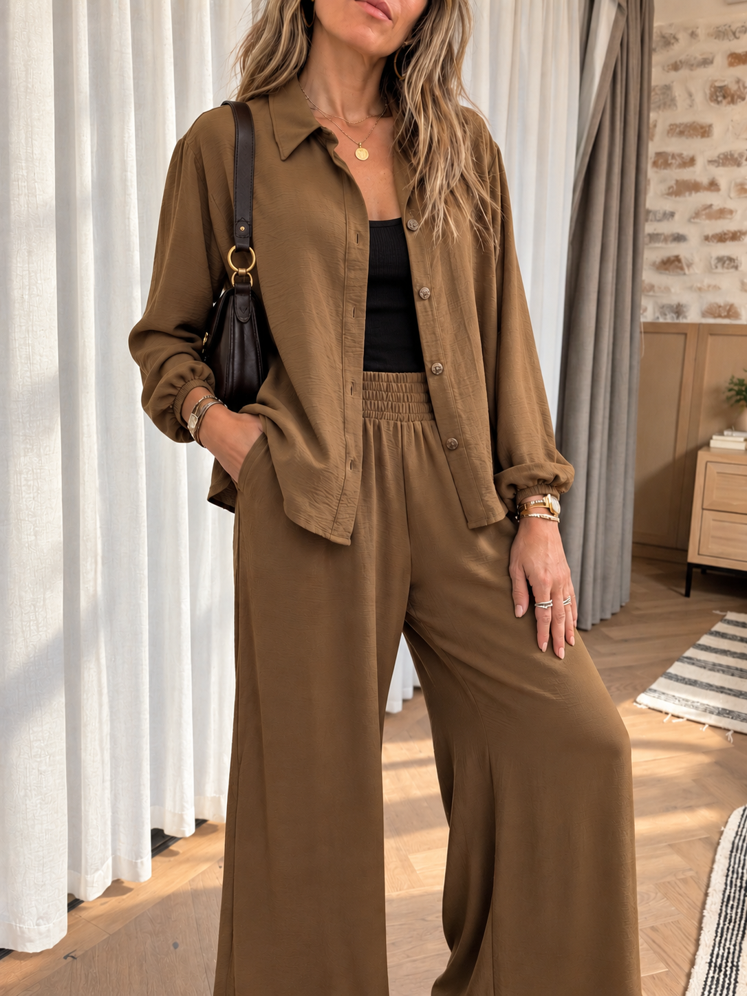 Set Camel - Camisa y pantalón wide leg