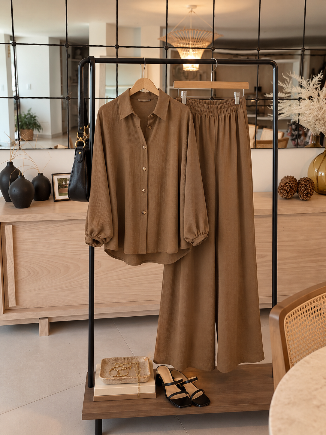 Set Camel - Camisa y pantalón wide leg